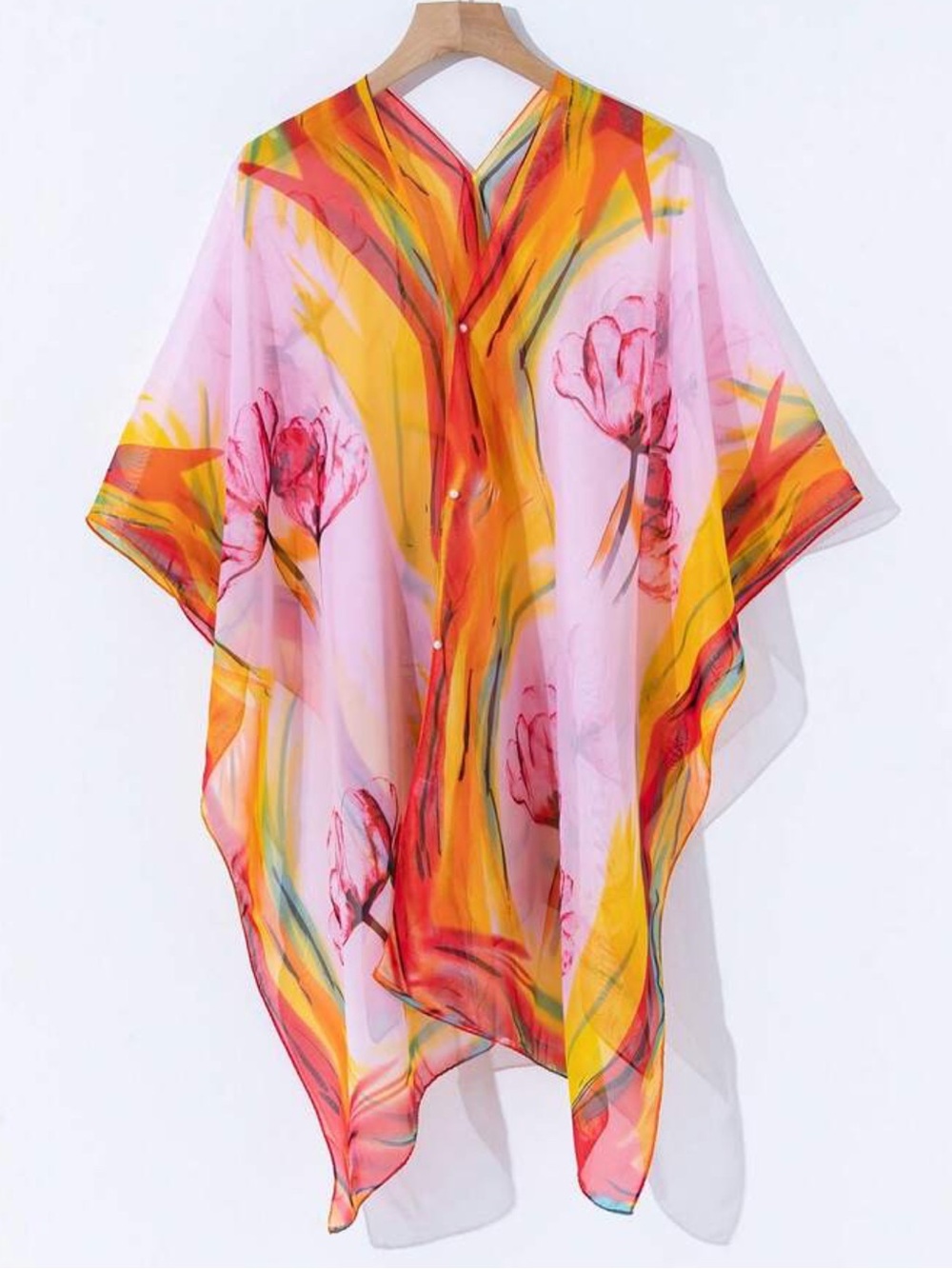 Orange and Pink Watercolor Chiffon Convertible Scarf Wrap Kimono OS